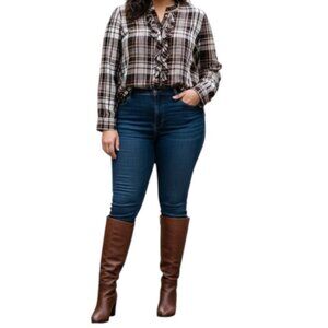Chico's Double Espresso Ruffle Neck Plaid Button Up Cottage Blouse Size 2 Large